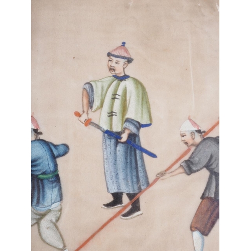 104 - A Chinese watercolour on rice paper, soldiers training, 7 1/2