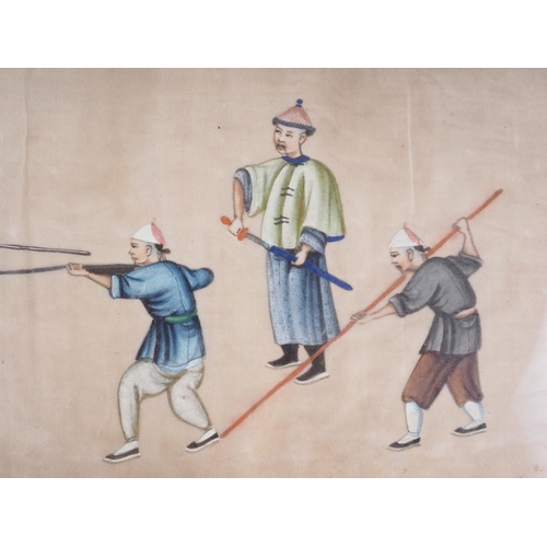 104 - A Chinese watercolour on rice paper, soldiers training, 7 1/2