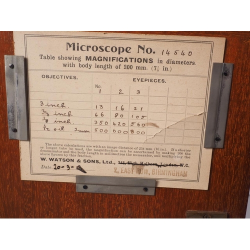 114 - A W Watson & Sons microscope, in case, and a case for a microscope