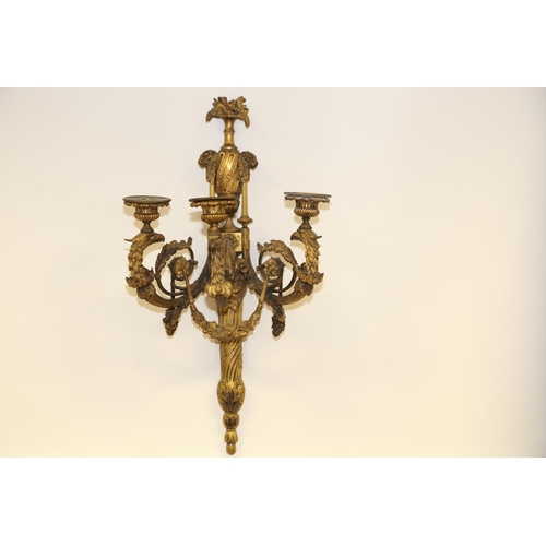 152 - A pair of late 18th century ormolu three-branch wall lights with eagle heads, acanthus scrolls and s... 