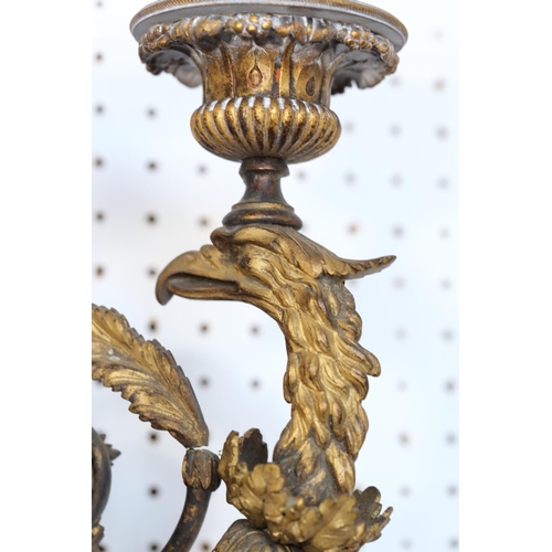 152 - A pair of late 18th century ormolu three-branch wall lights with eagle heads, acanthus scrolls and s... 