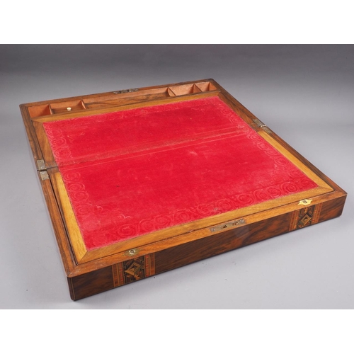 169 - A walnut and parquetry banded writing slope with red velvet interior, 19 3/4