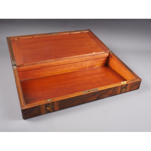 169 - A walnut and parquetry banded writing slope with red velvet interior, 19 3/4