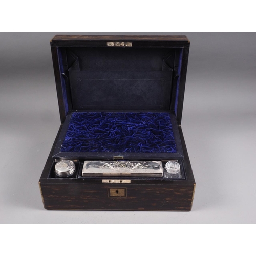 171 - A gentleman's Victorian calamander and brass mounted travelling box with fitted interior including s... 