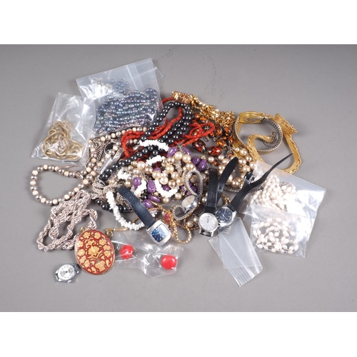 305 - Four silver necklaces and a selection of costume jewellery and ladies' watches, one by Tissot