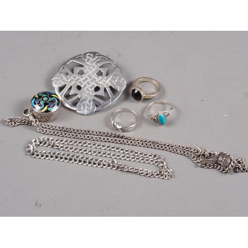 309 - Three silver rings, a pill box, two chains and a knot brooch