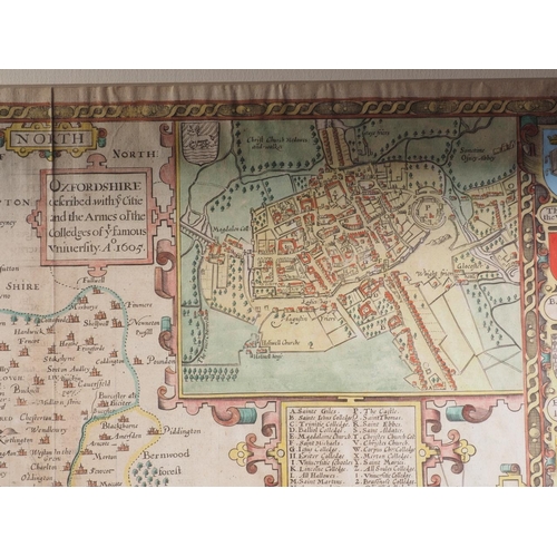 358 - John Speed: a 17th century hand-coloured map of Oxfordshire, in strip frame