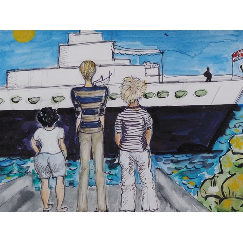 395 - A colour sketch, three figures and a ship, 8 1/2