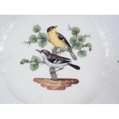 4 - A pair of Meissen shaped osier bordered cabinet plates with bird, tree and insect decoration, 9