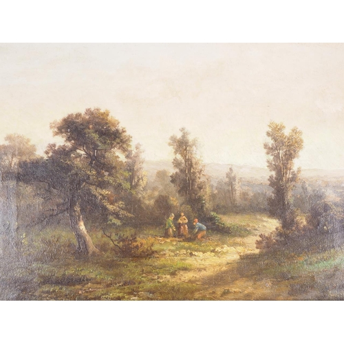 404 - A 19th century Norwich school oil on canvas, figures in a landscape, John Noot gallery label verso, ... 