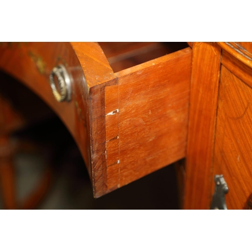 436 - A Sheraton Revival painted satinwood and box strung serpentine front sideboard, fitted two cupboards... 