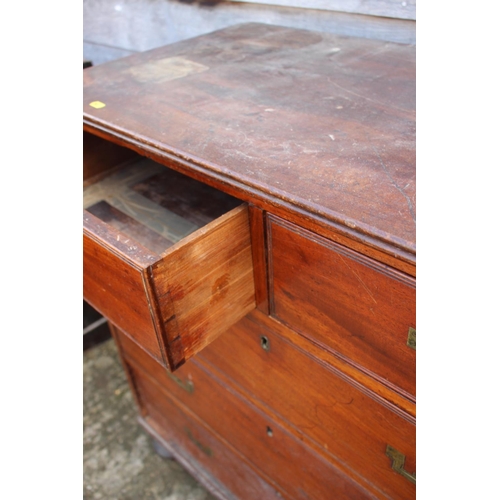 466 - A late 19th century mahogany chest of two short and three long drawers with inset brass handles, on ... 