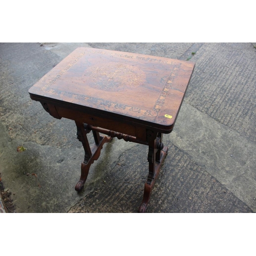 474 - A late 19th century rosewood, burr maple and birch inlaid fold-over top card table, fitted frieze dr... 