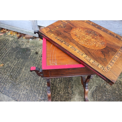 474 - A late 19th century rosewood, burr maple and birch inlaid fold-over top card table, fitted frieze dr... 