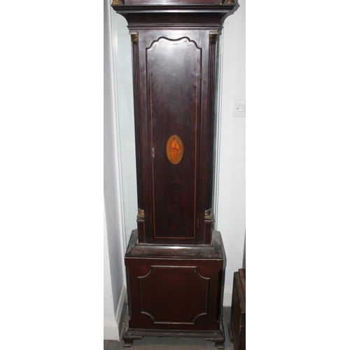 480 - A late Georgian mahogany and line inlaid longcase clock with swan neck pediment, flanking Corinthian... 