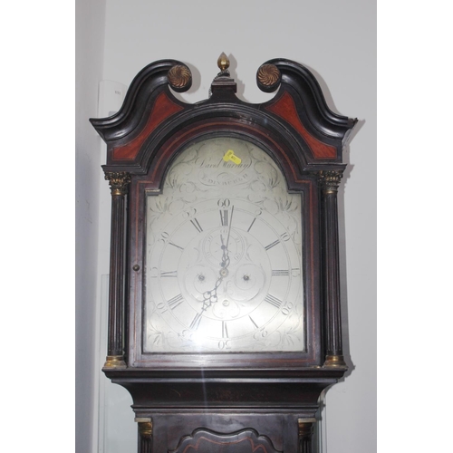 480 - A late Georgian mahogany and line inlaid longcase clock with swan neck pediment, flanking Corinthian... 