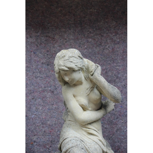 605 - A cast stone figure of a girl, on square stand, 42