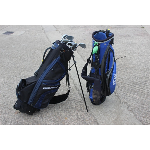 607 - A set of Prosimmon T1 Matrix X55 golf clubs (no woods) and two golf bags/caddies