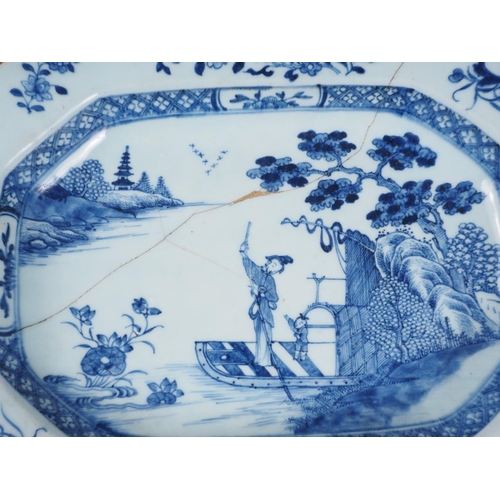 96 - A Chinese blue and white octagonal platter with figure, landscape and floral border decoration, 14 1... 