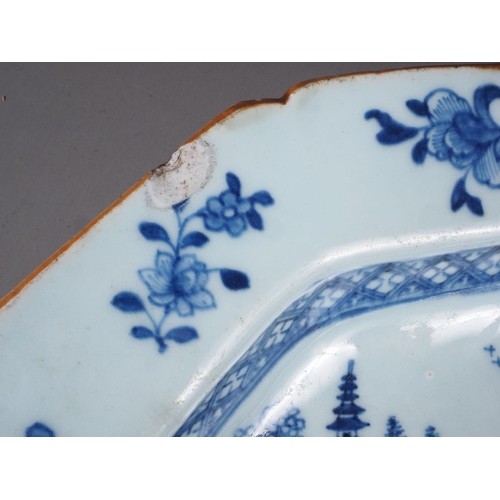 96 - A Chinese blue and white octagonal platter with figure, landscape and floral border decoration, 14 1... 