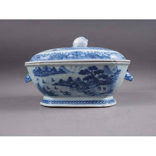 97 - A Chinese blue and white tureen and cover with figure, boat and landscape decoration, and insect and... 