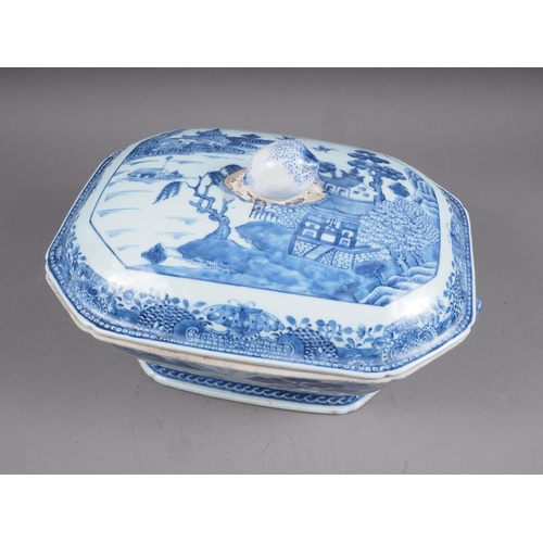 97 - A Chinese blue and white tureen and cover with figure, boat and landscape decoration, and insect and... 