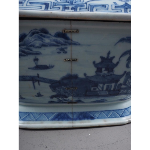 98 - A Chinese blue and white tureen and cover with figure, boat and landscape decoration, and floral and... 