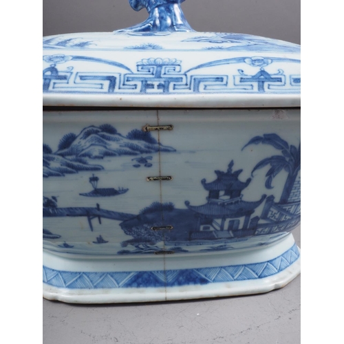 98 - A Chinese blue and white tureen and cover with figure, boat and landscape decoration, and floral and... 