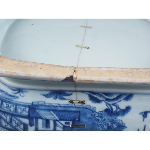 98 - A Chinese blue and white tureen and cover with figure, boat and landscape decoration, and floral and... 