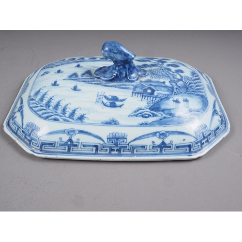 98 - A Chinese blue and white tureen and cover with figure, boat and landscape decoration, and floral and... 