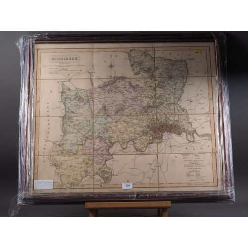 354 - B Y J & C Walker: a 19th century hand-coloured map of Middlesex, in wooden strip frame