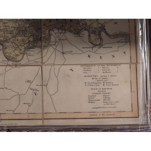 354 - B Y J & C Walker: a 19th century hand-coloured map of Middlesex, in wooden strip frame