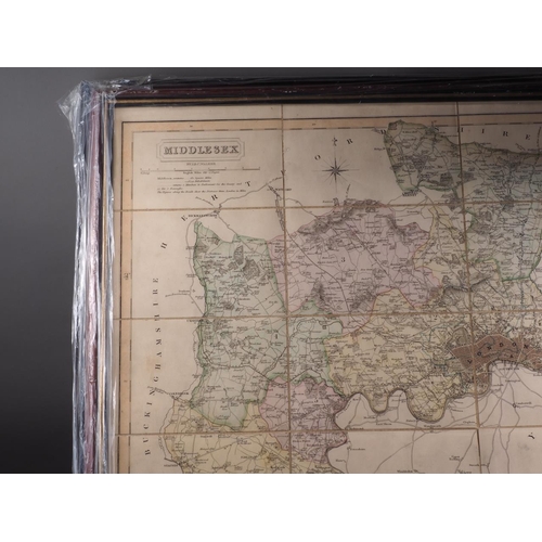 354 - B Y J & C Walker: a 19th century hand-coloured map of Middlesex, in wooden strip frame