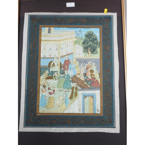 366 - A pair of Indian watercolours on silk, figures dancing and figures in a building, 23 1/2