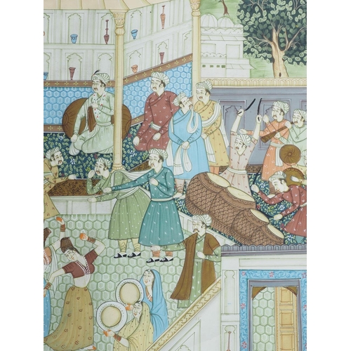 366 - A pair of Indian watercolours on silk, figures dancing and figures in a building, 23 1/2