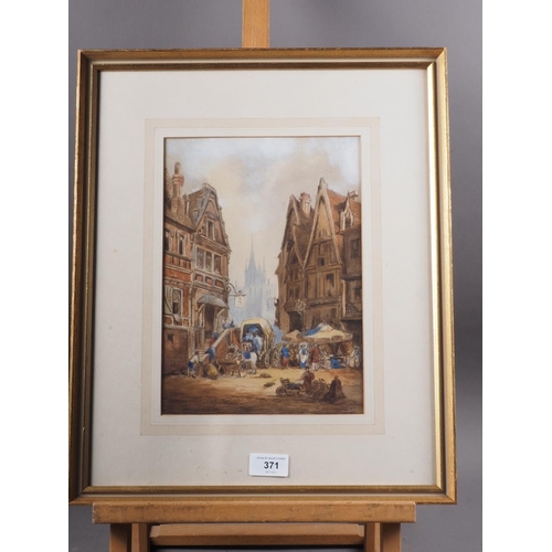 371 - A H: watercolours, town scene with figures, 11