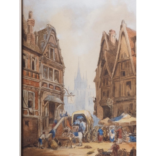 371 - A H: watercolours, town scene with figures, 11