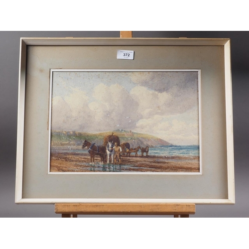 372 - E C Quayle: watercolours, man with horses by the shore with distant hills, 9