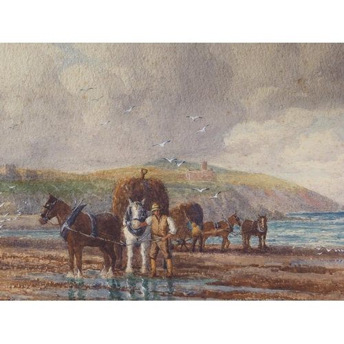 372 - E C Quayle: watercolours, man with horses by the shore with distant hills, 9