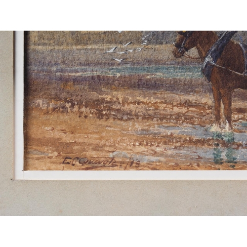 372 - E C Quayle: watercolours, man with horses by the shore with distant hills, 9