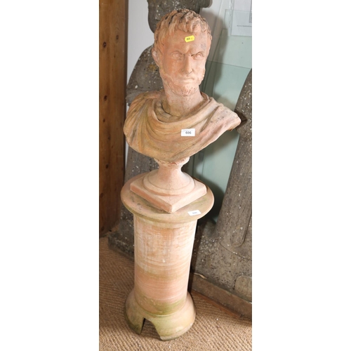 606 - A terracotta portrait bust of the Emperor Septimus Severus, on cylindrical stand, 44