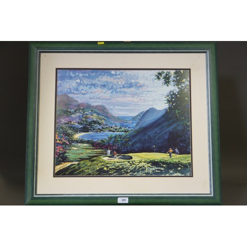 325 - A pair of prints, landscapes with figures golfing, in green strip frames (one unglazed)