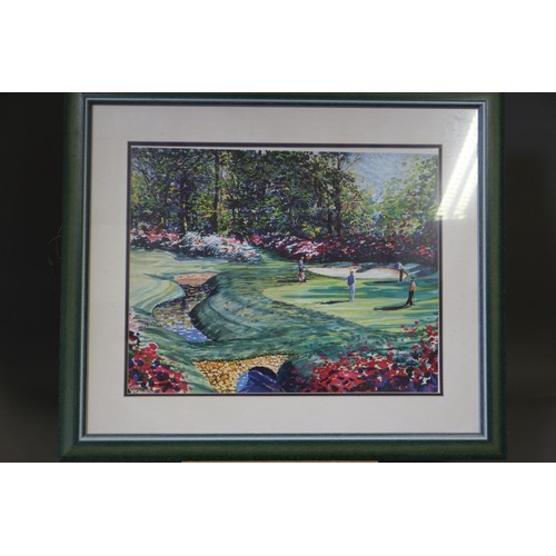 325 - A pair of prints, landscapes with figures golfing, in green strip frames (one unglazed)