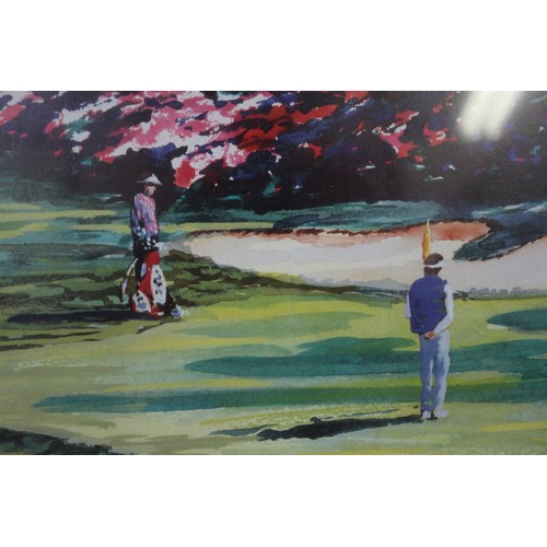 325 - A pair of prints, landscapes with figures golfing, in green strip frames (one unglazed)