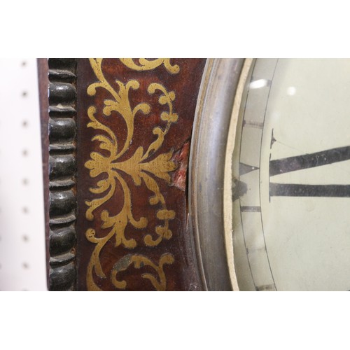 116 - An early 19th century mahogany and brass inlaid octagonal wall clock with painted dial and single fu... 