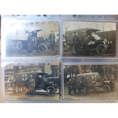 76 - Military - Ambulances - Steam Wagons - Tanks. An album of monochrome postcards, many photographs, va... 