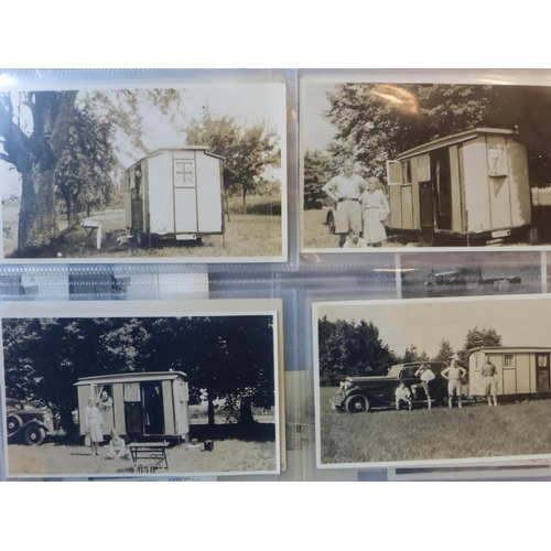 86 - Camping & Caravanning. An album of monochrome postcards, many similar sized photographs, various... 