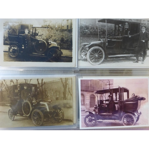 91 - Taxi and Hire Motor Cars. Loose leaf album of postcards, imaging various street and garage scenes, m... 