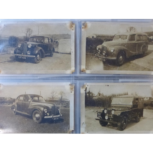 93 - Post WWII Motor Cars. An album of monochrome postcards, many photographs of various sizes to include... 