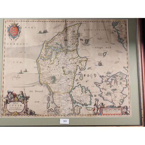 483 - A 17th century hand-coloured map of Jutland, in wooden strip frame